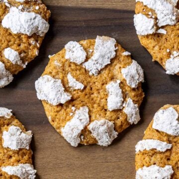 Chewy, fresh pumpkin crinkle cookies out of the oven.