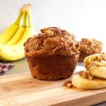 Peanut butter banana muffin made with whole wheat flour.
