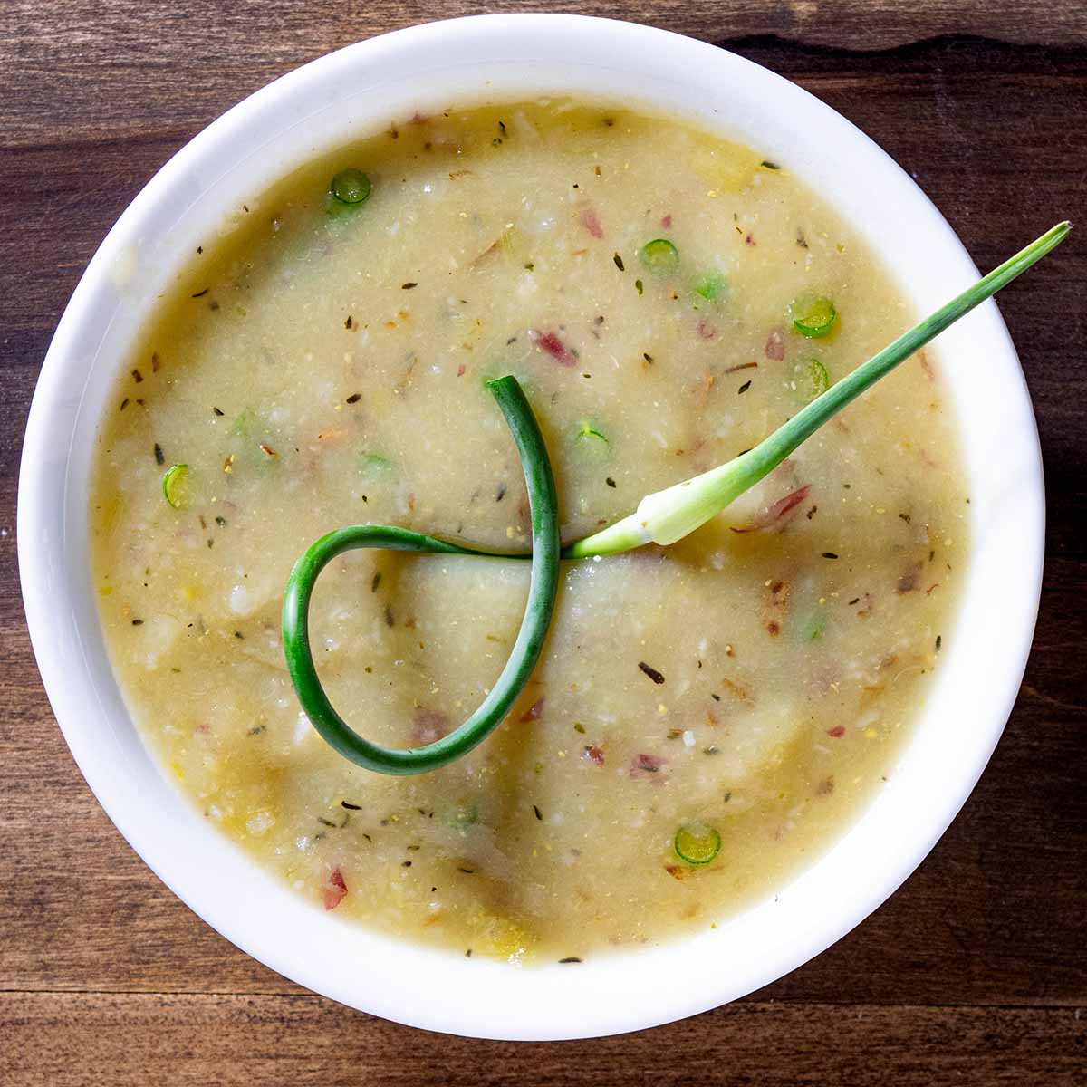A bowl of potato leek soup made without heavy cream.