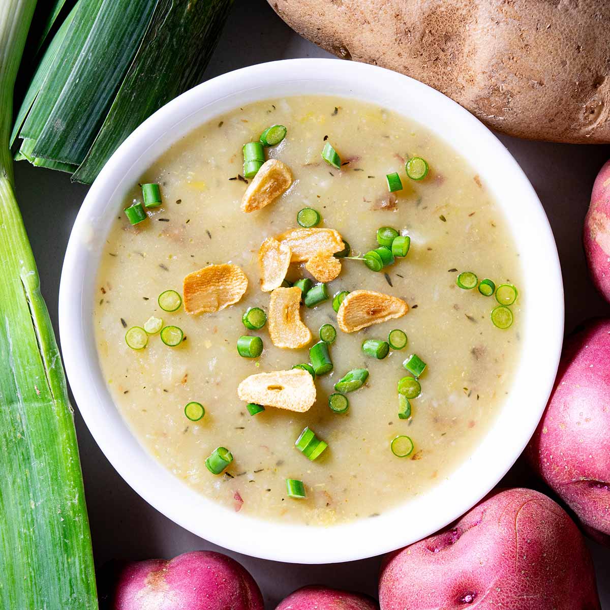 A bowl of potato leek soup made without heavy cream.
