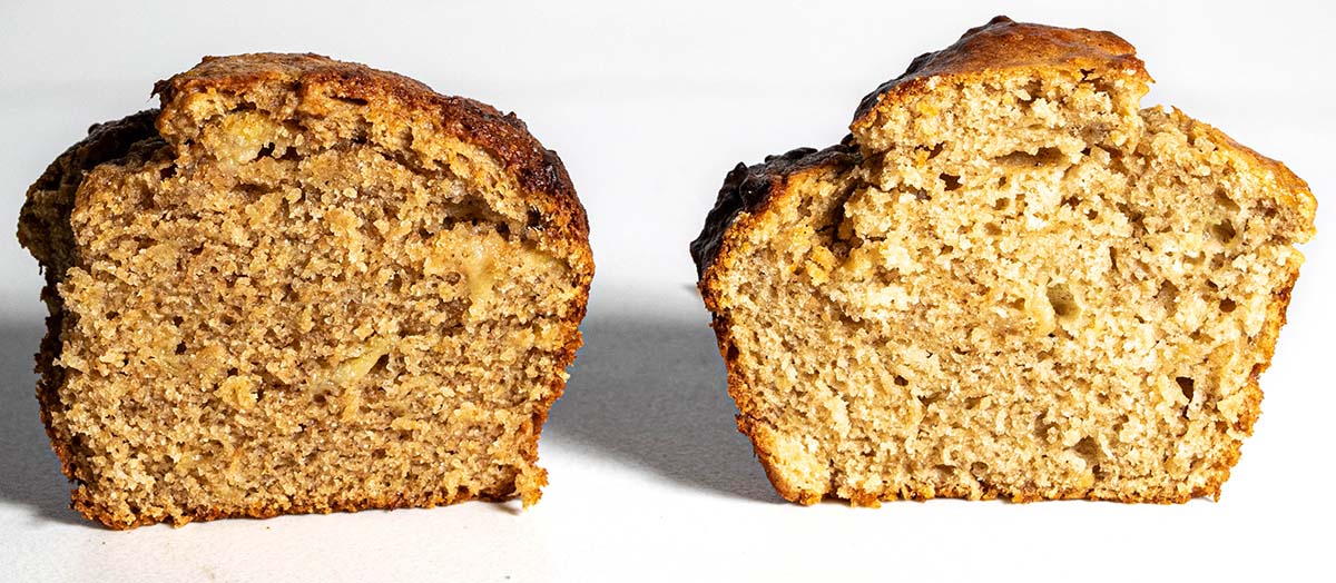 Peanut butter banana muffins made with whole wheat vs all-purpose flour to show the texture differences. Whole wheat flour had a better texture.