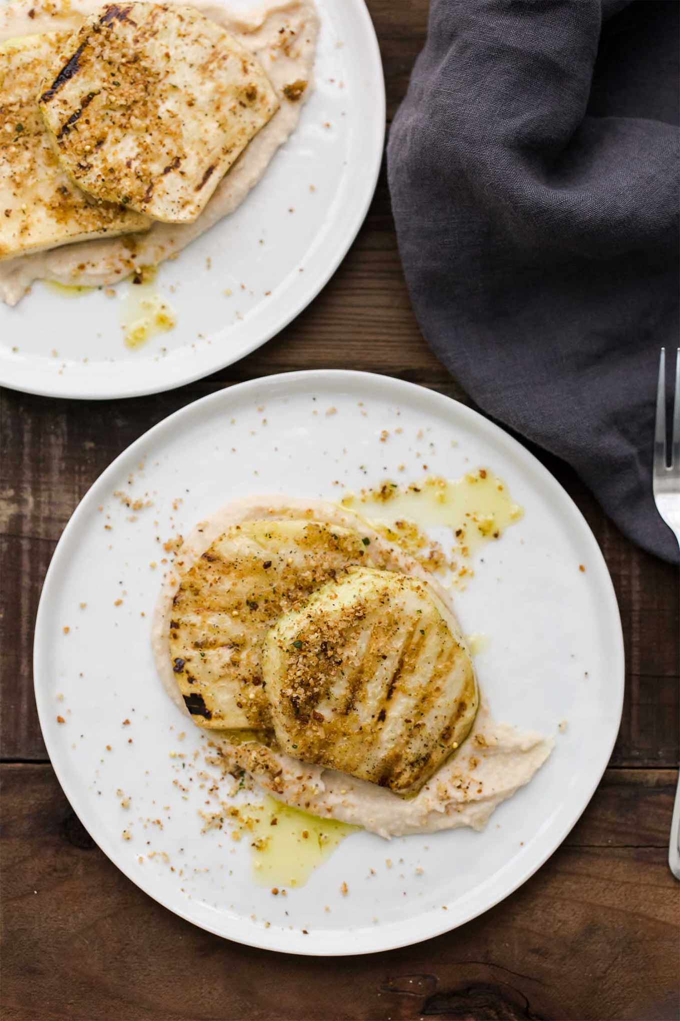 Grilled celeriac with white bean puree by Naturally Ella