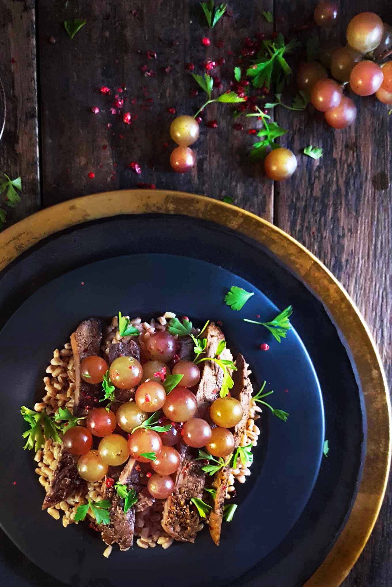 Steak Salad for dinner recipe: Steak salad with farro and roasted grapes.