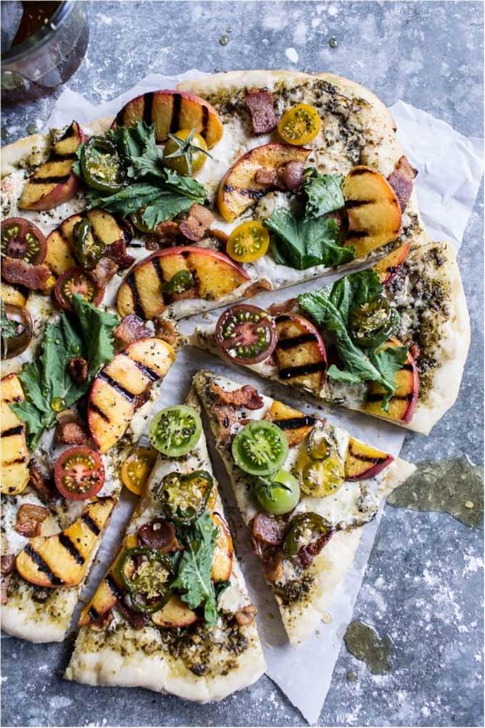 BLT peach pizza with jalapeno honey and gorgonzola by The Inspired Kitchen