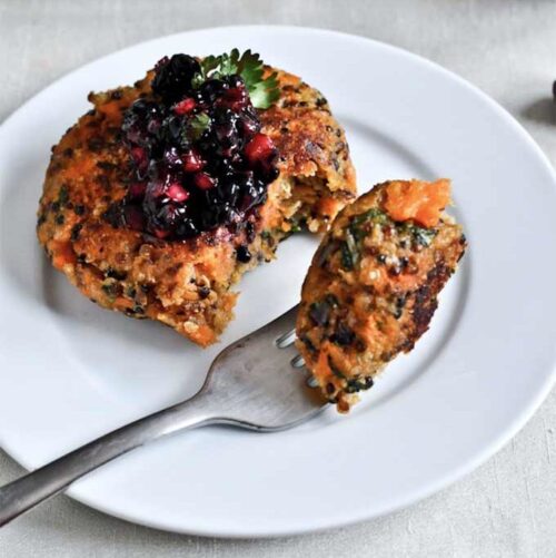 Sweet potato cakes with blackberry salsa by How Sweet It Is