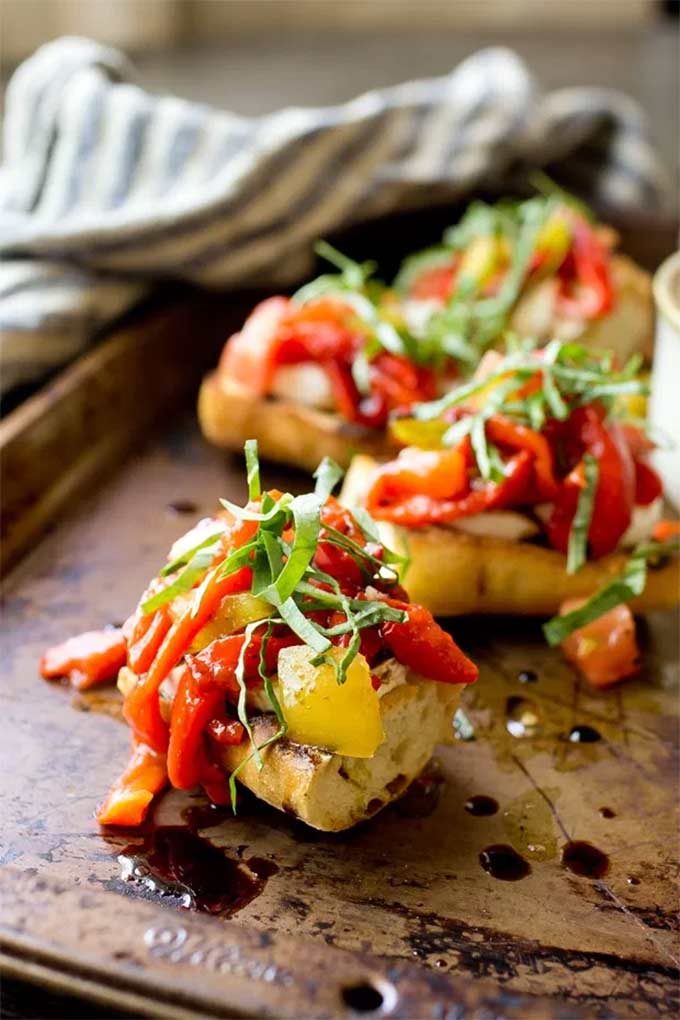 Bell pepper recipes in season: mozzarella, tomato and red pepper bruschetta recipe by The Gourmet Gourmand