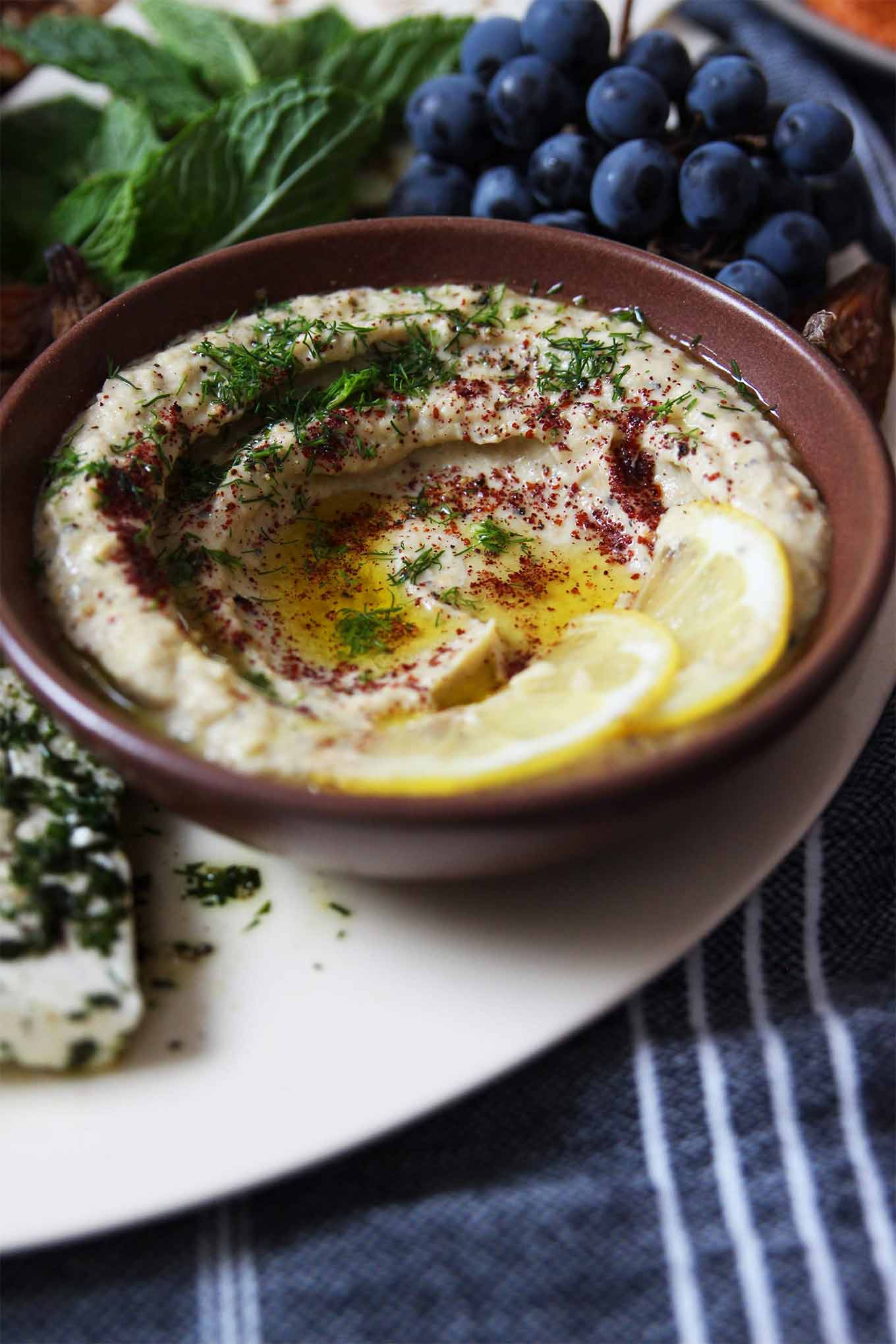 Eggplant recipes in season - baba ganoush and mezze platter by Honestly Yum