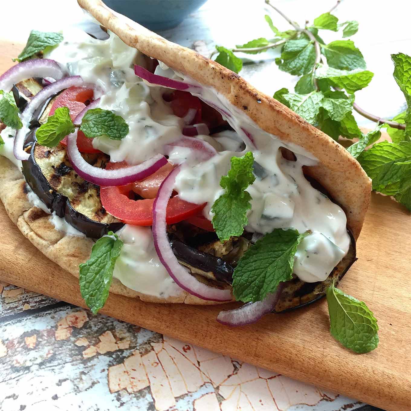 Eggplant recipes in season - grilled eggplant gyros with tzatziki by Jackie Newgent