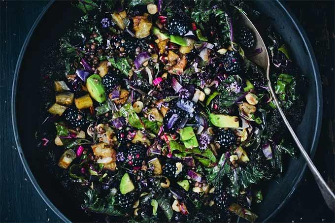 Eggplant recipes in season - purple kale, aubergine and blackberry salad by Green Kitchen Stories