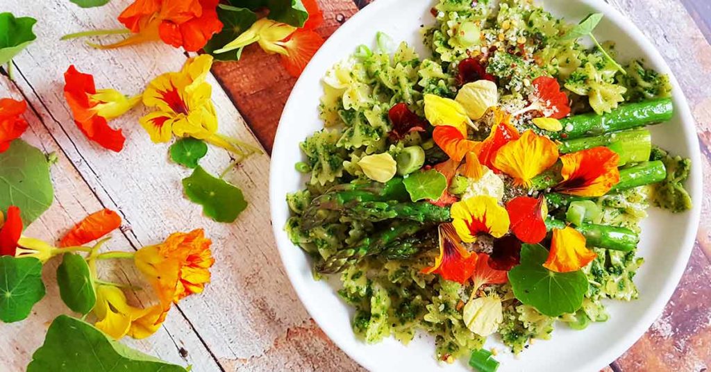 Fast dinner recipes - ready in 15 minutes. The slightly peppery nasturtium makes a great pesto. Keep it in the fridge and use it for this super fast weeknight dinner - a vegetarian spring pasta. Top with nasturtiums (edible flowers).