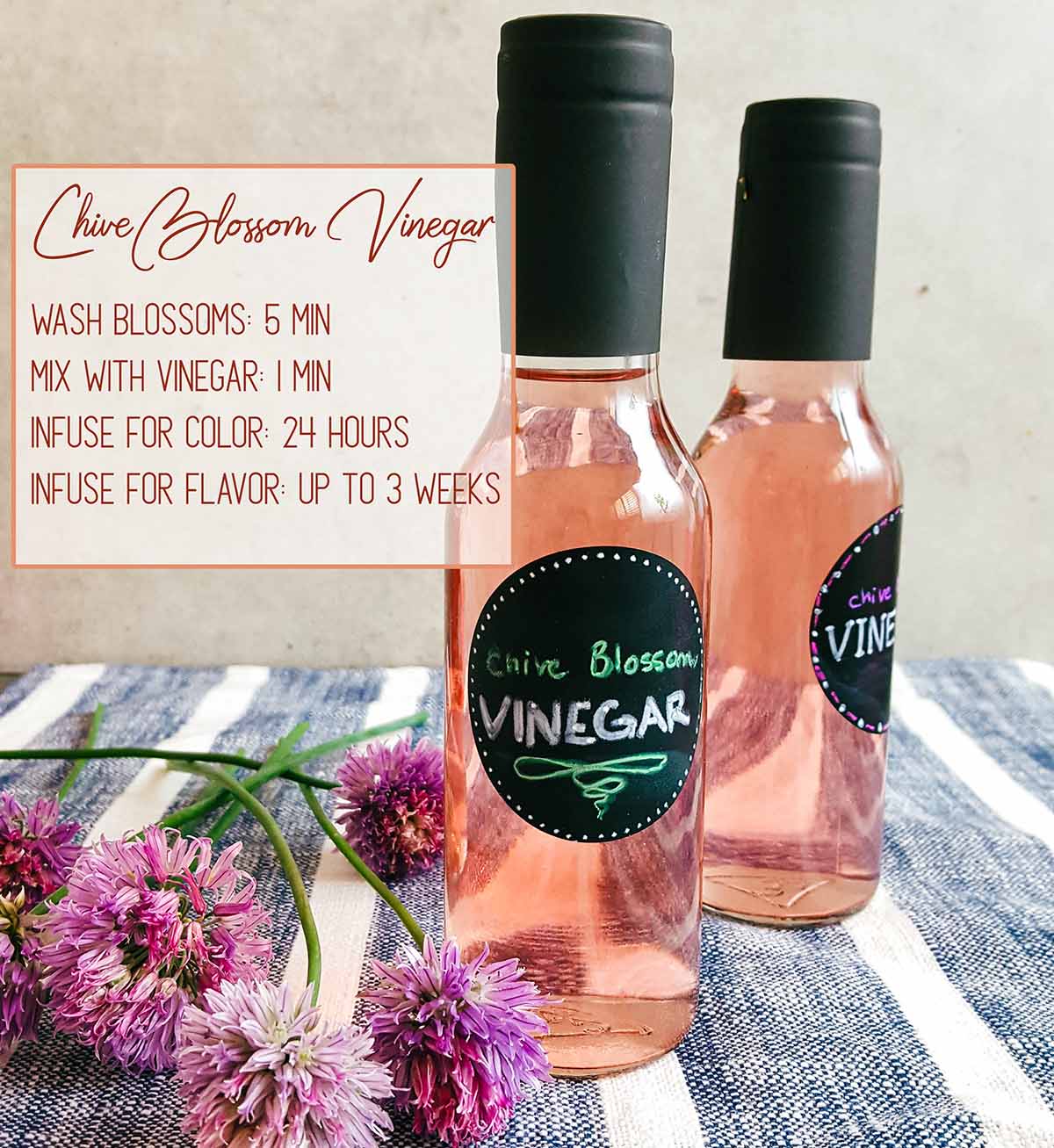 Chive blossom vinegar next to fresh chives and a recipe box with instructions: 5 minutes to wash chives, 1 minute to mix with vinegar, 24 hours to turn pink, and infuse up to 3 weeks for flavor.