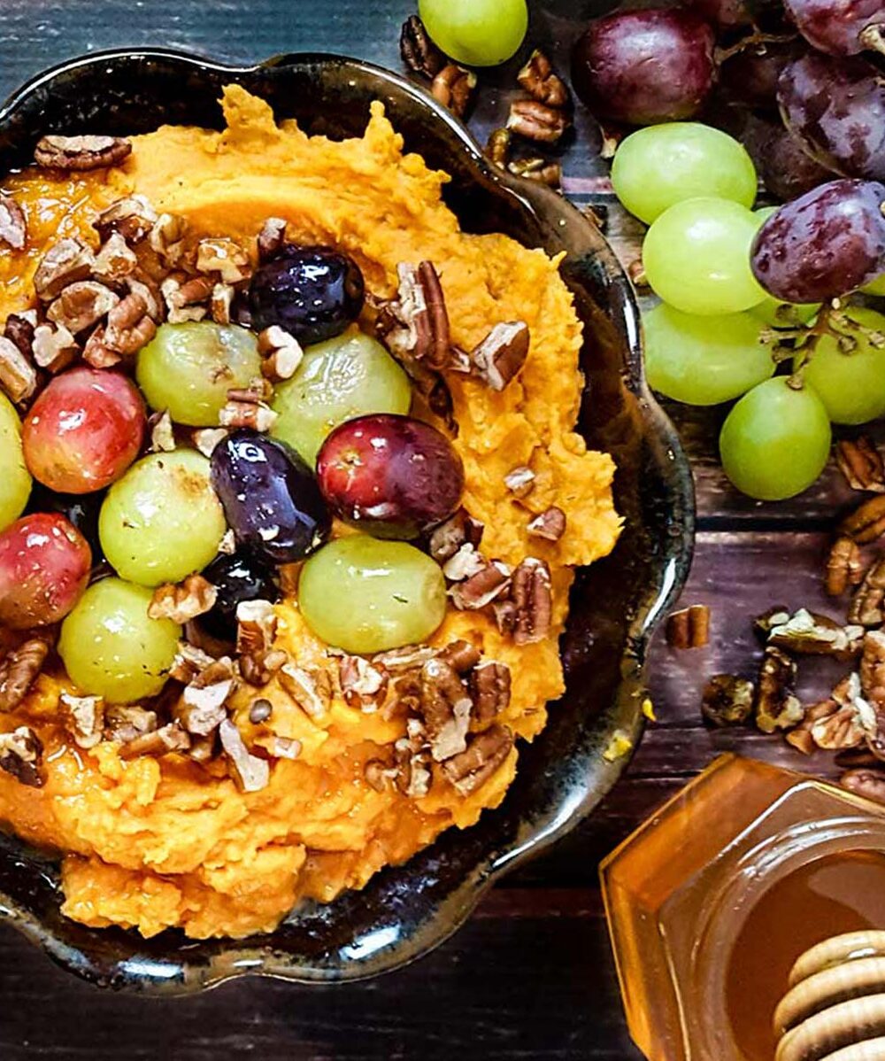 Sweet potatoes with roasted grapes & honey