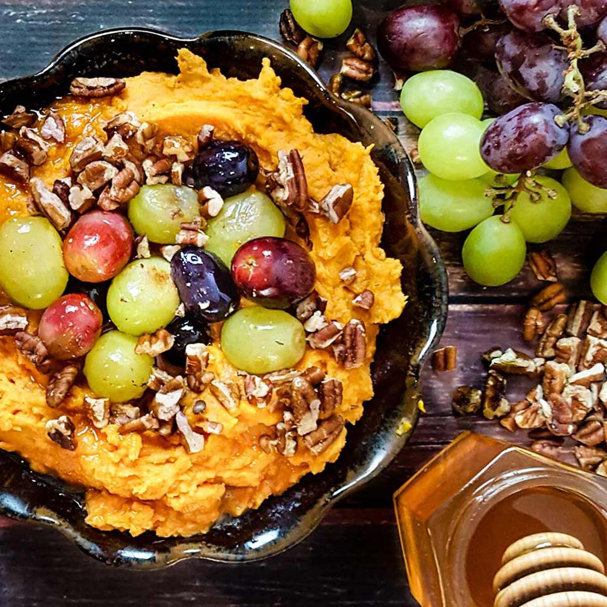 Sweet potatoes with roasted grapes & honey