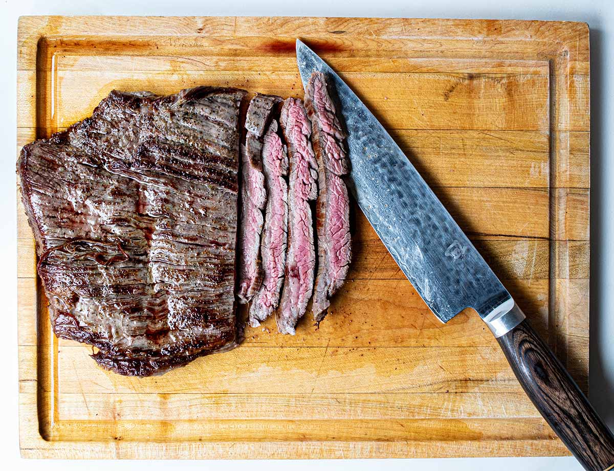 Flank steak sliced thin for the arugula salad.