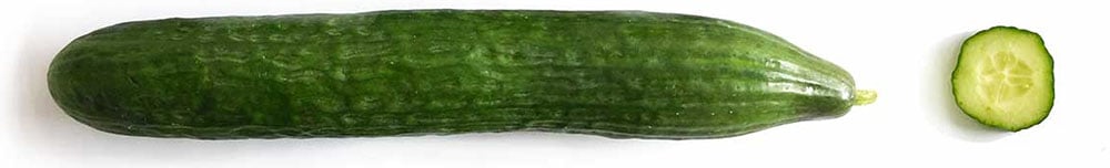 A whole English cucumber next to a slice to show shape and texture.