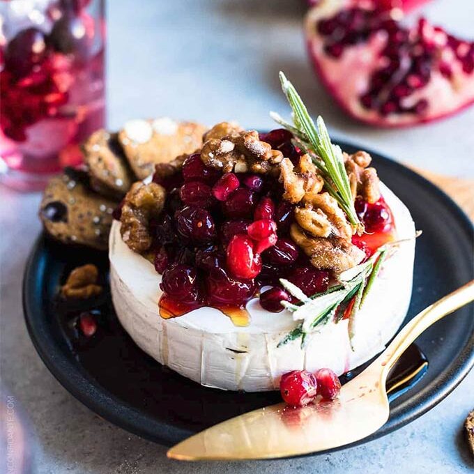 brie baked with cranberries and pomegranate