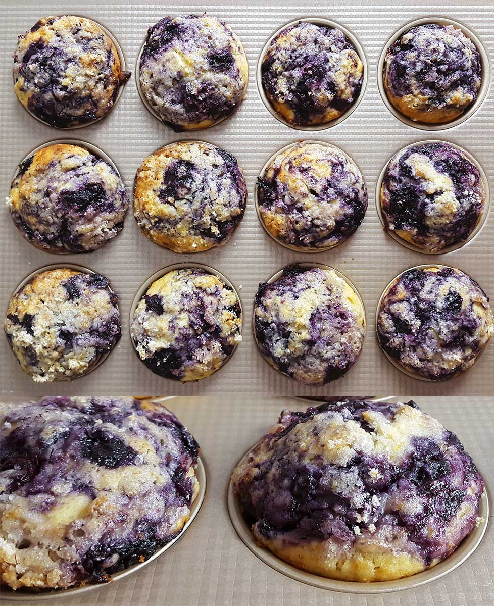 A picture of muffins with blueberry sauce swirled into the top