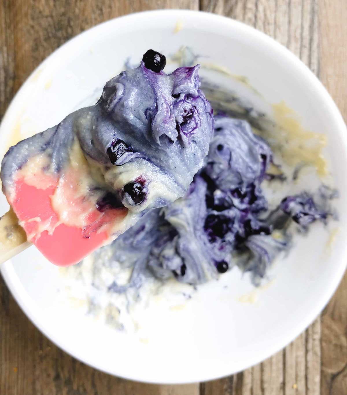 Batter dyed purple from blueberries