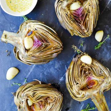 Artichoke halves with garlic cloves