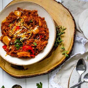 Skillet of bell pepper stuffing. Recipe by Backyard Bohemian.