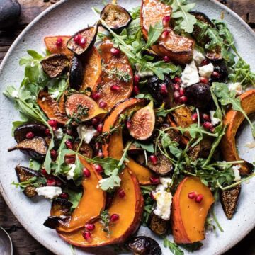 A salad with roasted squash, figs, and cheese