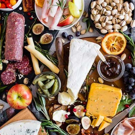 Fall cheese board with meath, cheese, and fruit, by Nutmeg Nanny