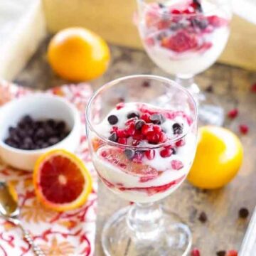 Blood orange parfaits with dark chocolate chips and pomegranate arils, recipe by Home & Plate
