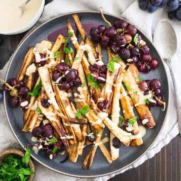 Cinnamon & brown sugar roasted parsnips and grapes recipe by Running to the Kitchen