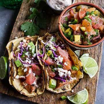 Cuban fish tacos with citrus-mango slaw & chipotle lime crema and grapefruit, recipe by Half Baked Harvest