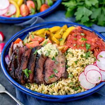 Coffee crusted steak bowl with spiced butter and grapefruit recipe by Kitchen Sanctuary