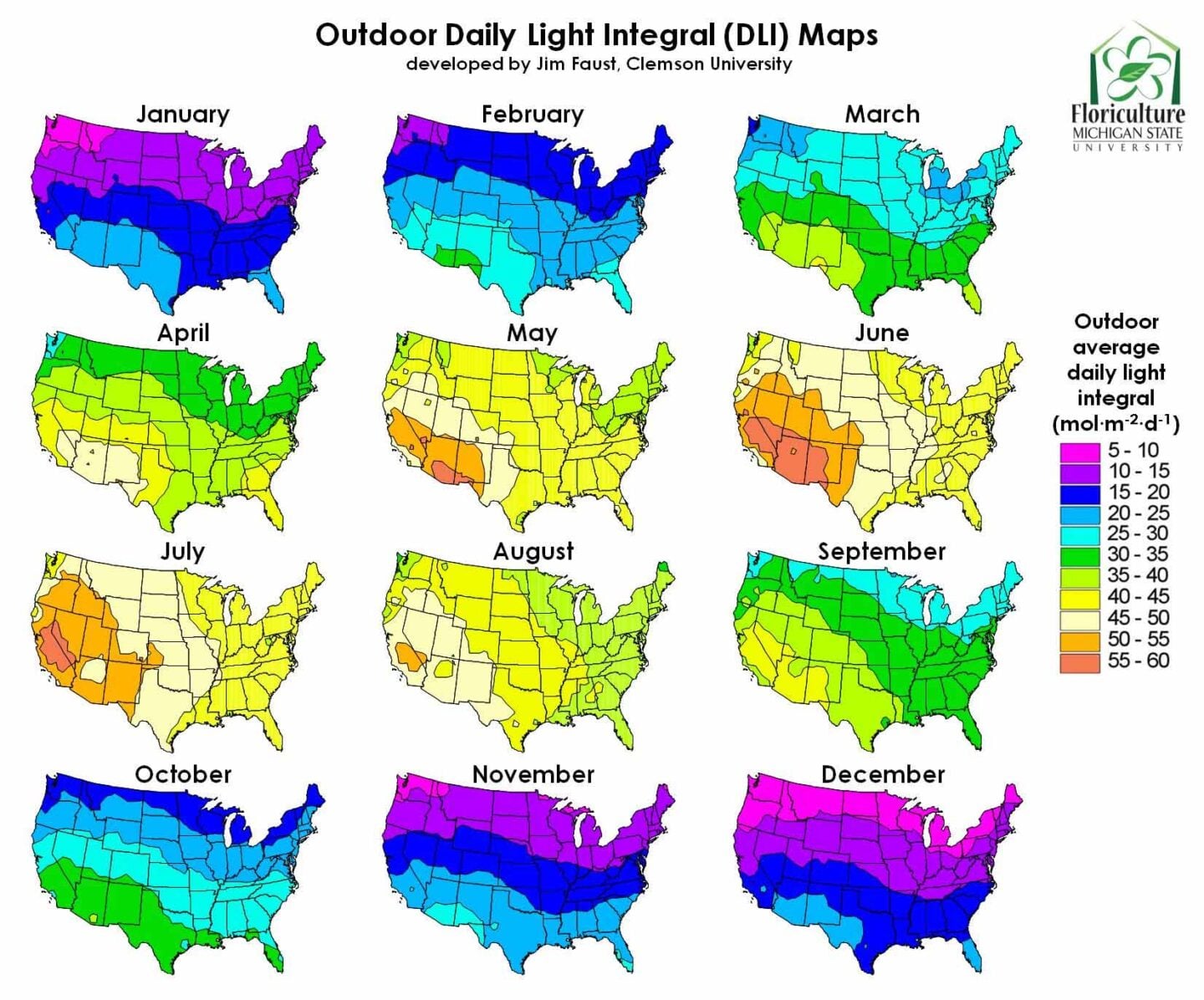 Outdoor daily light integral maps by month from Jim Faust, Clemson University and Michigan State.