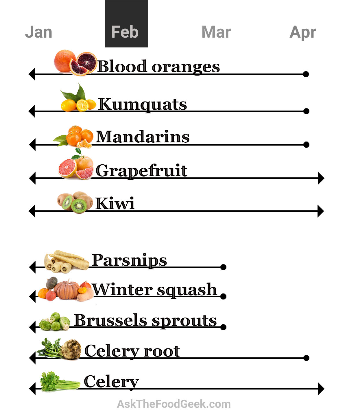 Season chart for February fruits and vegetables: blood oranges, kumquats, mandarins, grapefruit and other citrus. Parsnips, winter squash, brussels sprouts, celeriac, and celery.
