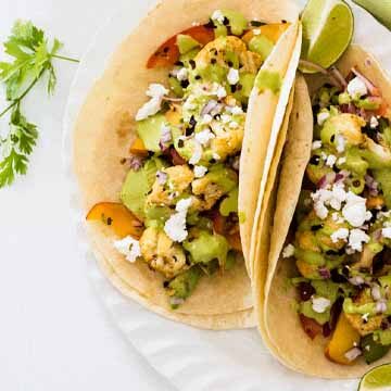 Spicy cauliflowr grilled tacos with nectarine chipotle salsa recipe by Whole Food Bellies