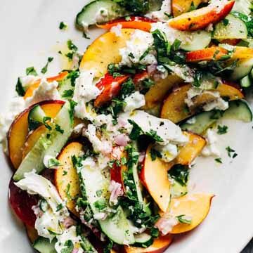 Nectarine and cucumber salad with burrata and chilies recipe by Brooklyn Supper