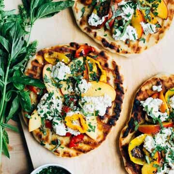 Roasted pepper, nectarine, and ricotta grilled pizza recipe by Brooklyn Supper