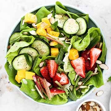 Salad with strawberries, rhubarb, mango, cucumbers, and rosé vinaigrette recipe by Floating Kitchen