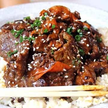 Spicy tangerine beef with carrot ribbons recipe by Dinner then Dessert