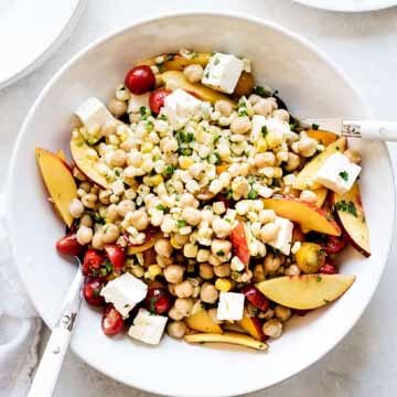 Tomato, corn and nectarine chickpea salad with feta recipe by Kitchen Confidante