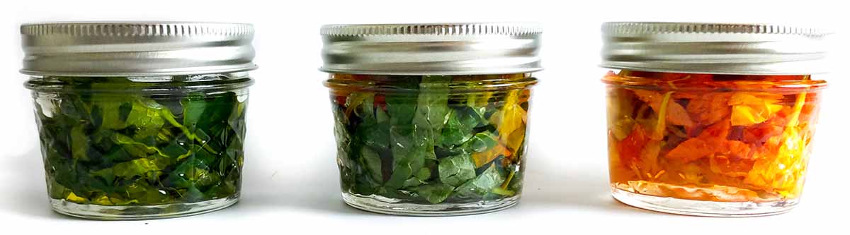 3 Mason jars infusing vinegar with nasturtium leaves, leaves & flowers and flowers.