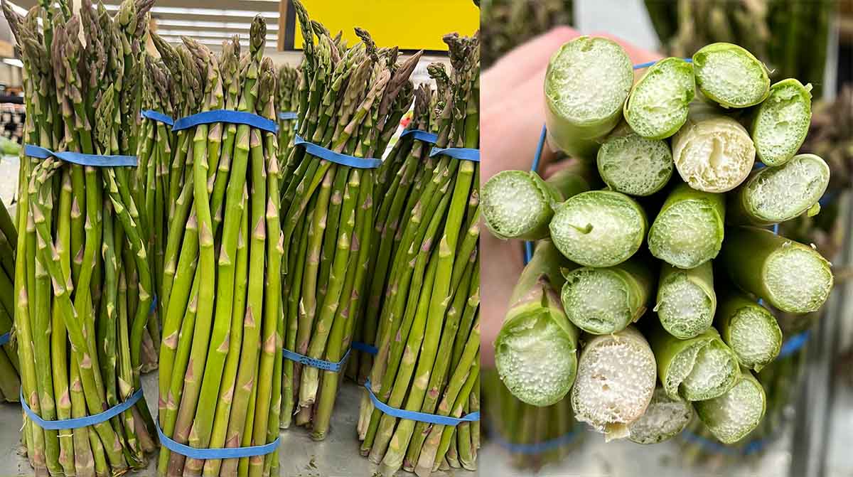 Good asparagus spears are firm with closed tips, compared to bad asparagus with woody ends