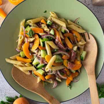 Apricot & prosciutto pasta salad recipe by Twists & Zests