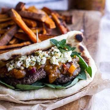 Moroccan-spiced lamb burgers with apricot chutney & pistachio feta pesto recipe by Half Baked Harvest