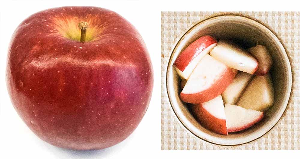 A braeburn apple before and after the pie baking test