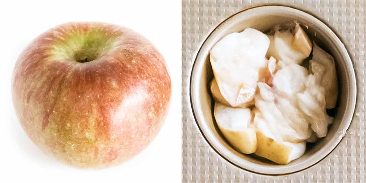 Cortland apple before and after baking in a pie tin