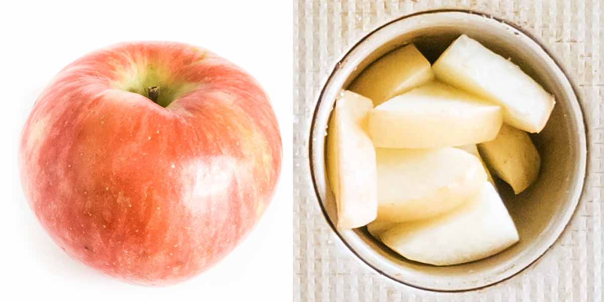 Honeycrisp apple from the grocery store before and after baking in a pie test