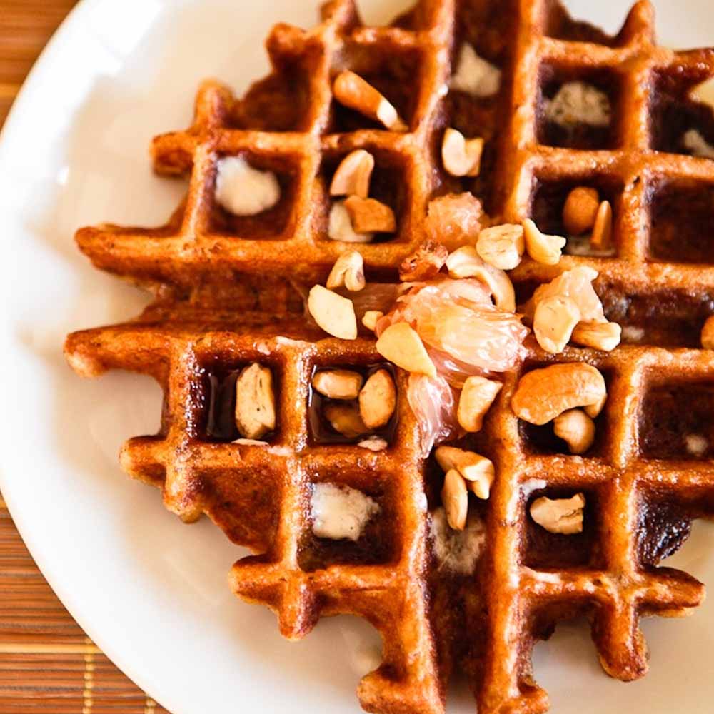 A grapefruit waffle on a plate - recipe from Keepin It Kind