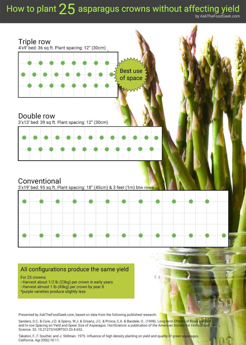 Chart showing how to grow 25 asparagus crowns in less space with high density garden bed layouts.