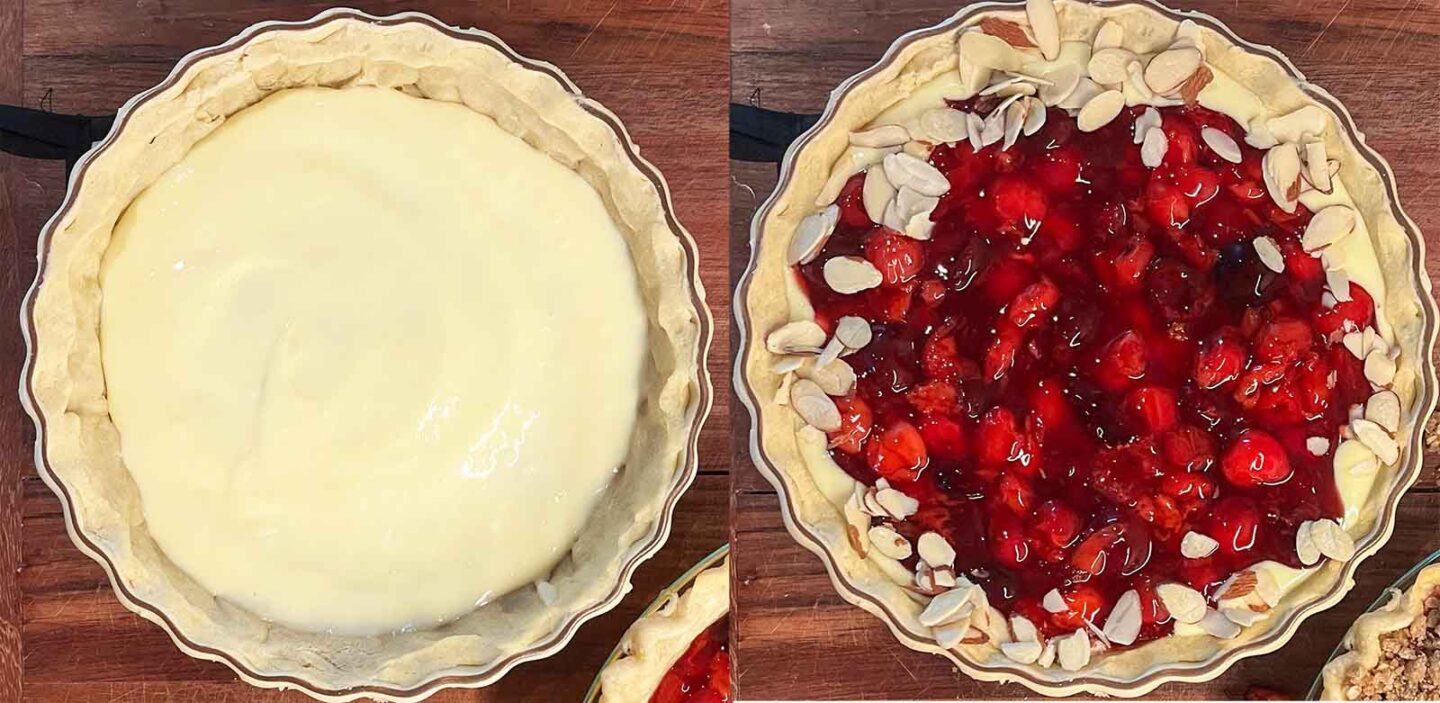 On the left is a tart crust with almond cream. On the right is a tart with the cherry filling.