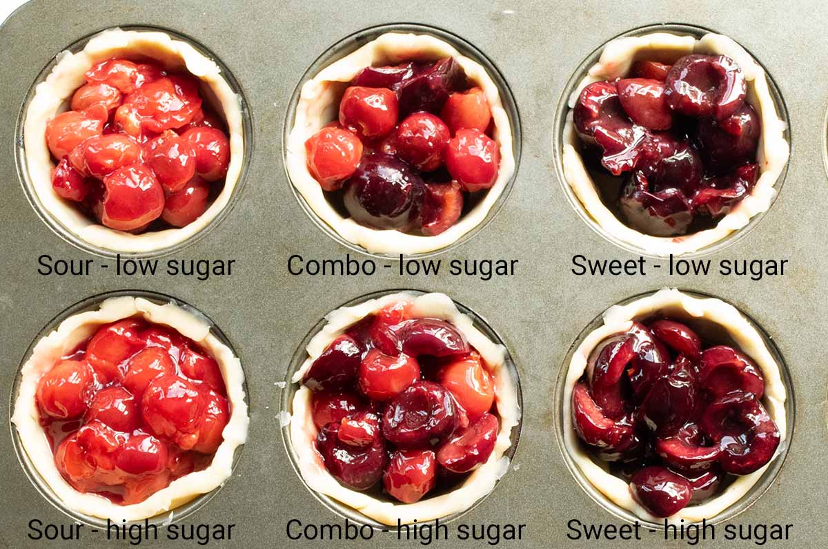 Baking 6 different cherry pies with sweet, sour, and a combination of cherries.