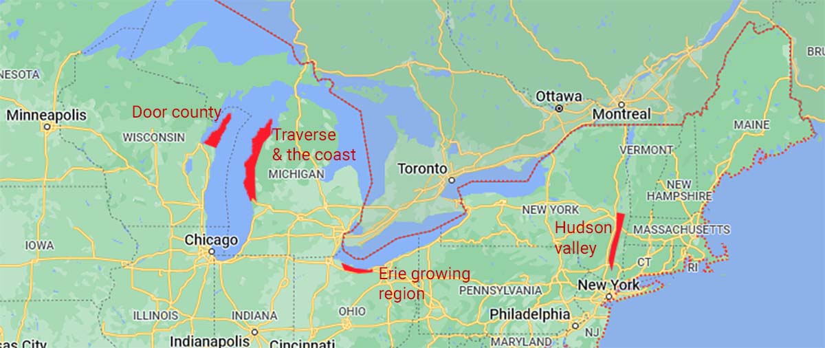 Map of sour cherry growing regions: Door County, Traverse Michigan, and the Hudson Valley in NY.